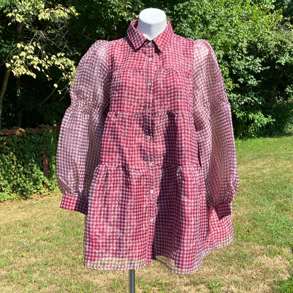 Listicle Checker Me Out boho merlot organza-like checks over lining NWT sz L